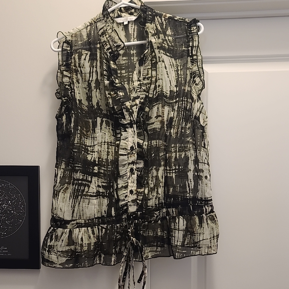 Costa Blanca Green and Brown Ruffled Sleeveless Blouse